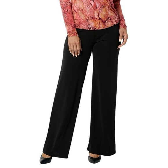 IMAN Global Chic Women's Large Black Matte Jersey Knit Flared-Leg Pull-On Pant - Picture 1 of 9